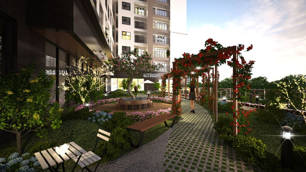 Khuôn viên xanh với tiểu cảnh sống động