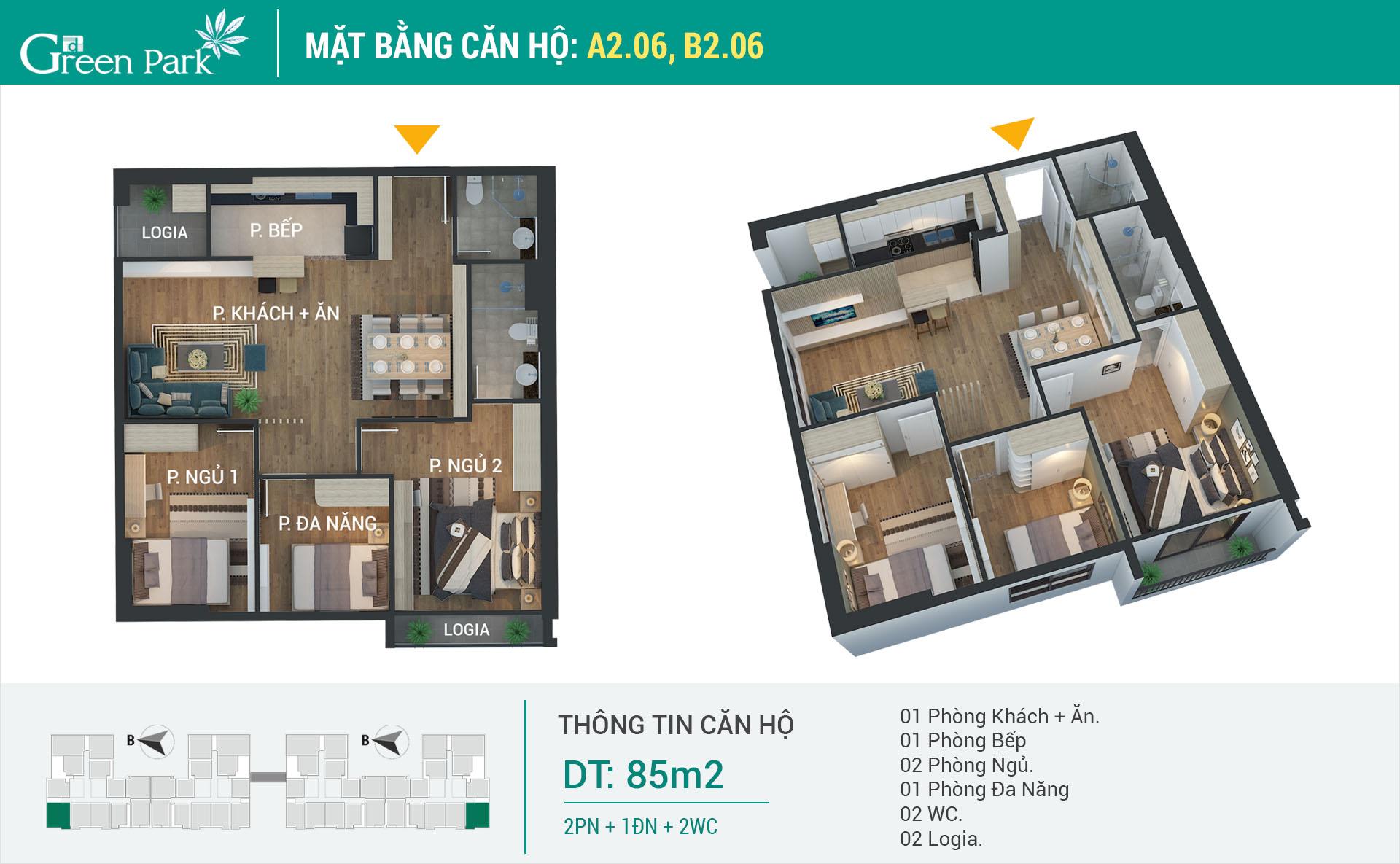 Căn số 06 tòa A2 và B2 thiết kế tương tự căn số 02, điểm khác là 2 lô gia tách biệt