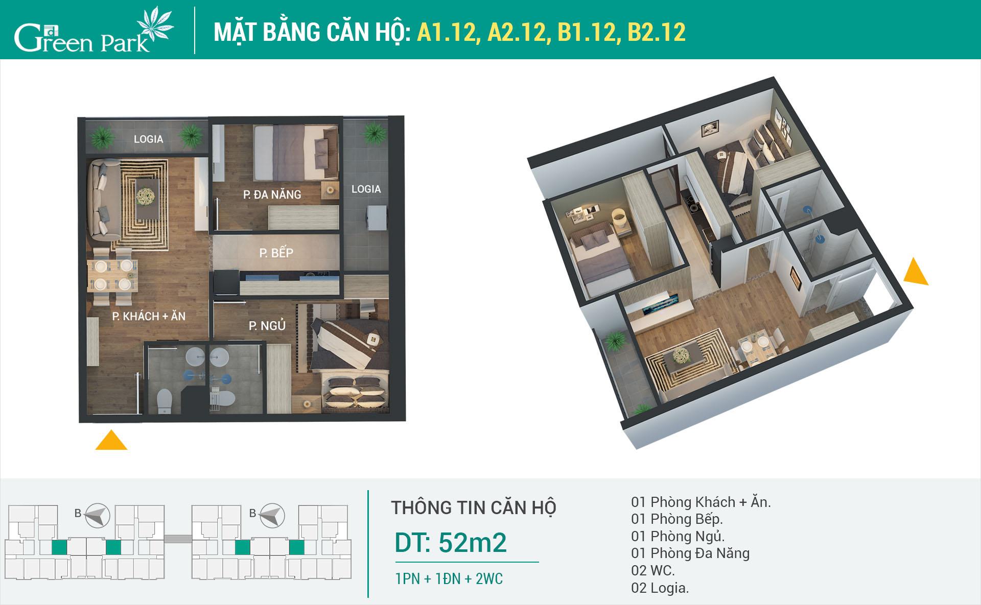 Căn số 12 đang gây chấn động thị trường căn hộ diện tích bé khi thiết kế tới 02 lô gia cho diện tích chỉ 52m2.