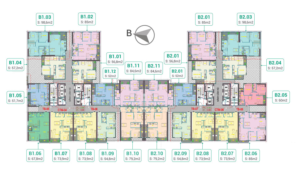 Mặt bằng Tòa B1 và B2 Chung cư Phương Đông Trần Thủ Độ