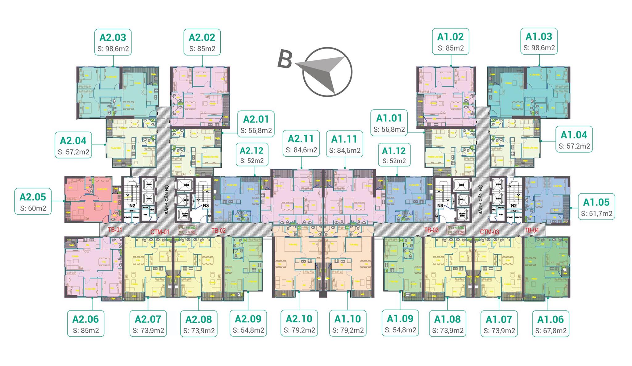 Mặt bằng Tòa A1 và A2 Chung cư Phương Đông Trần Thủ Độ