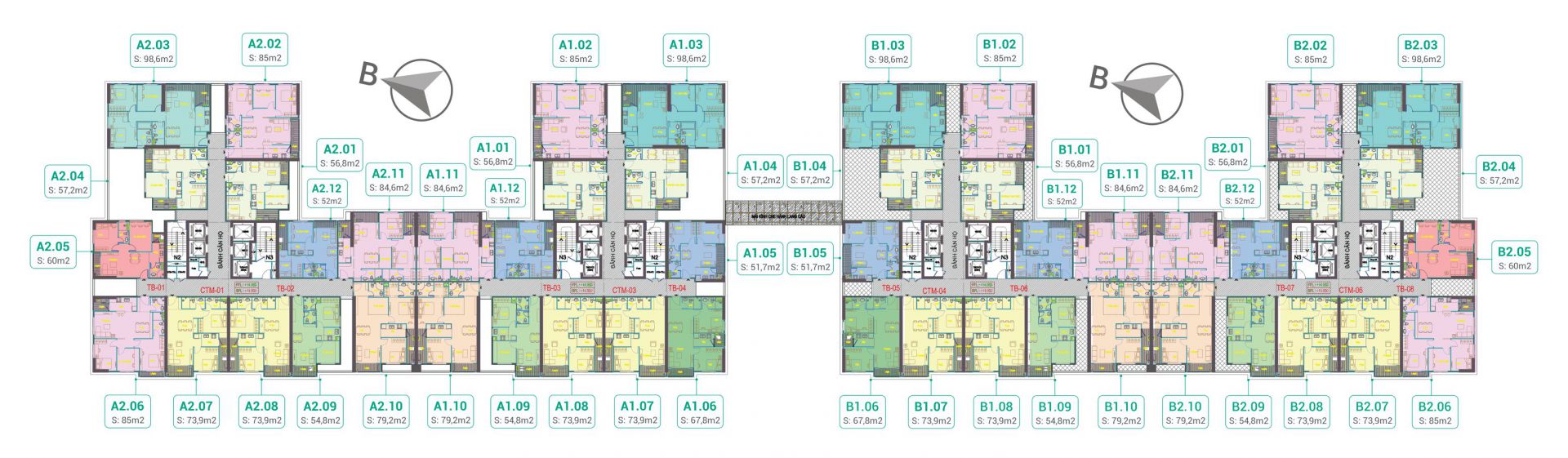 Mặt bằng 4 tòa A1, A2, B1, B2 Dự án Phương Đông Green Park tháng 3 năm 2020